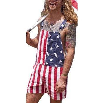 

CYSINCOS Women Men Denim Jumpsuit Jeans Shorts American flag Print Casual Couple Overalls Shorts Romper Short Pants Streetwear