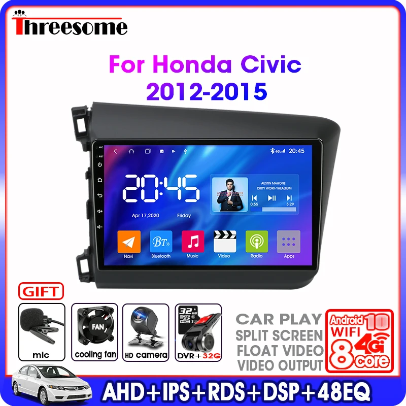 Android10 автомобильное радио 9 &quotдля Honda Civic 2012 2015 2 Din 4 + 64G T9 RDS DSP Мультимедиа Видео