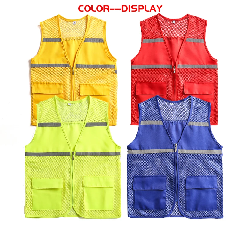 Summer Custom Visibility Reflective Safety Vest Work Uniform Mesh Solid Color Top Strips Construction Vest Multi-pocket Coat