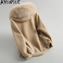 AYUNSUE Real Fur Coat Female Jacket Winter Coat Women Clothes Fox Fur Collar Hooded Short Wool Fur Jacket 7623 KJ2884