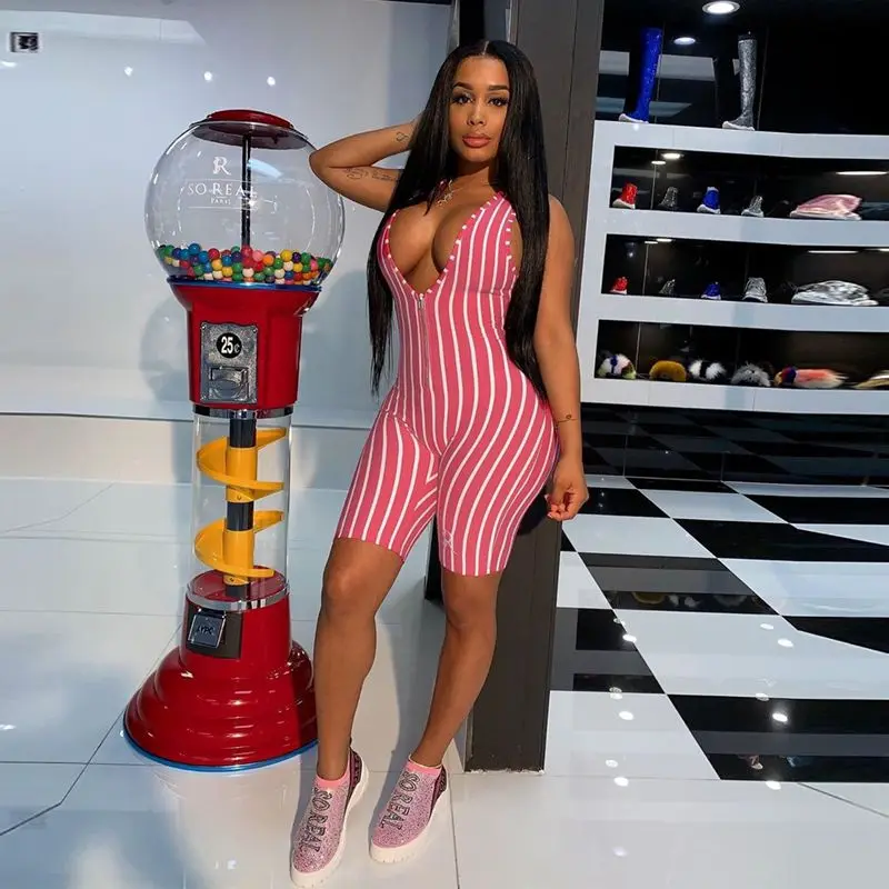 HAOYUAN Sexy Striped Rompers Womens Jumpsuit Biker Shorts 2020 Summer Body Clother One Piece Club Outfits Zip Bodycon Playsuits HAOYUAN Sexy Striped Rompers Womens Jumpsuit Biker Shorts 2020 Summer Body Clother One Piece Club Outfits Zip Bodycon Playsuits