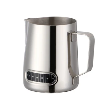 

600ML Stainless Steel Milk Jug Barista Craft Coffee Latte Milk Frothing Jug Pitcher with Thermometer for Making Coffee