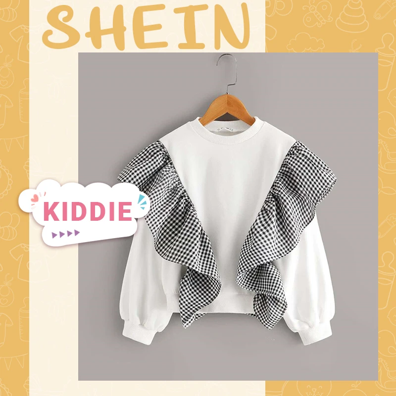 SHEIN/детская белая толстовка в клетку с оборками для девочек; коллекция года; сезон осень; повседневные толстовки с длинными рукавами для подростков