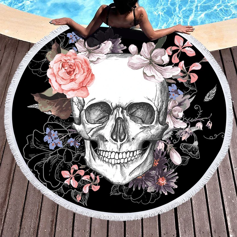 Sugar Skull Round Beach Towel Floral Tassel Yoga Mat Round Blanket Macrame Beach Cooling Towel Microfiber