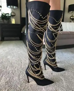 

Drop Shipping Woman Sexy Fluorescence Yellow Black Gold Chains Boots Pointed Toe Stiletto Heels Rivets Over The Knee Thigh Boots