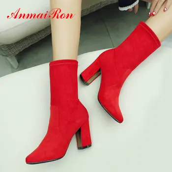 

ANMAIRON 2019 Fashion Stretch Fabric Sock Boots Flock Ankle Boots Round Toe Winter Boots Women Square Heel Women Shoes 34-43
