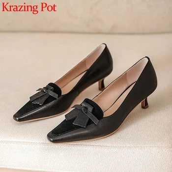 

Krazing pot new spring fashion sheep leather small square toe med heel shoes women fringe decorations young lady women pumps L23