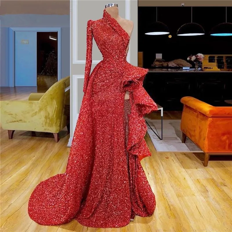 

2020 New Red Sequined Prom Dresses Long Sleeve High Split Evening Gowns Sweep Train Vestido De Fiesta