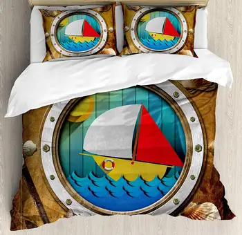 

Anchor Duvet Cover Set Porthole with Bolts Seashells Rusty Anchor and Boat Journey Voyage Activity Print Decorative 3 Piece Bed