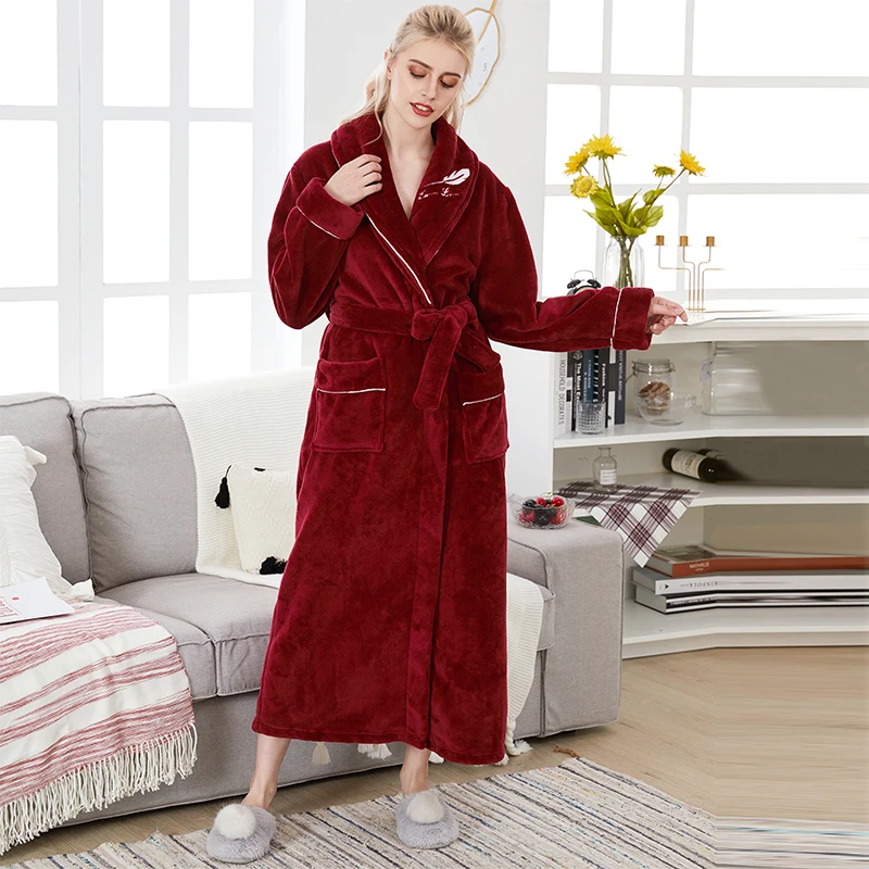 Women Red Wine Высококачественный простой мужской женский зимний теплый халат, домашняя одежда для мужчин и женщин, мягкий фланелевый банный халат с вышивкой в виде листьев - Цвет: Women Red Wine
