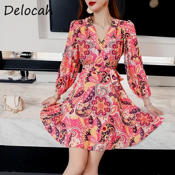 

Delocah Autumn Women Fashion Designer Short Dress Lantern Sleeve Sashes High Waist Floral Print Ladies Big Swing A-Line Dresses