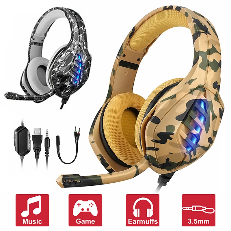 Pohiks 1pc Camouflage Professional LED Light 3 5mm Wired Gaming Headset Adjustable Deep Bass Headphone For PS4 Xbox One PC