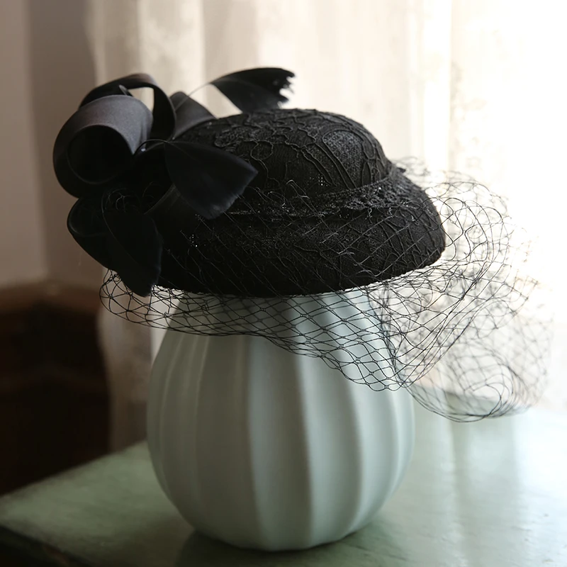 Vintage Blue Black Bow Veil Wedding Hat Women Feather Lace Fascinator Hair Clips Royal Tea Race Show Party Fedora Headdress | Аксессуары