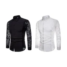 Fashion Autumn Men's Shirt Retro Long-sleeved Lace Hollow Lapels Solid Color Slim Shirt