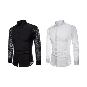 

Fashion Autumn Men's Shirt Retro Long-sleeved Lace Hollow Lapels Solid Color Slim Shirt