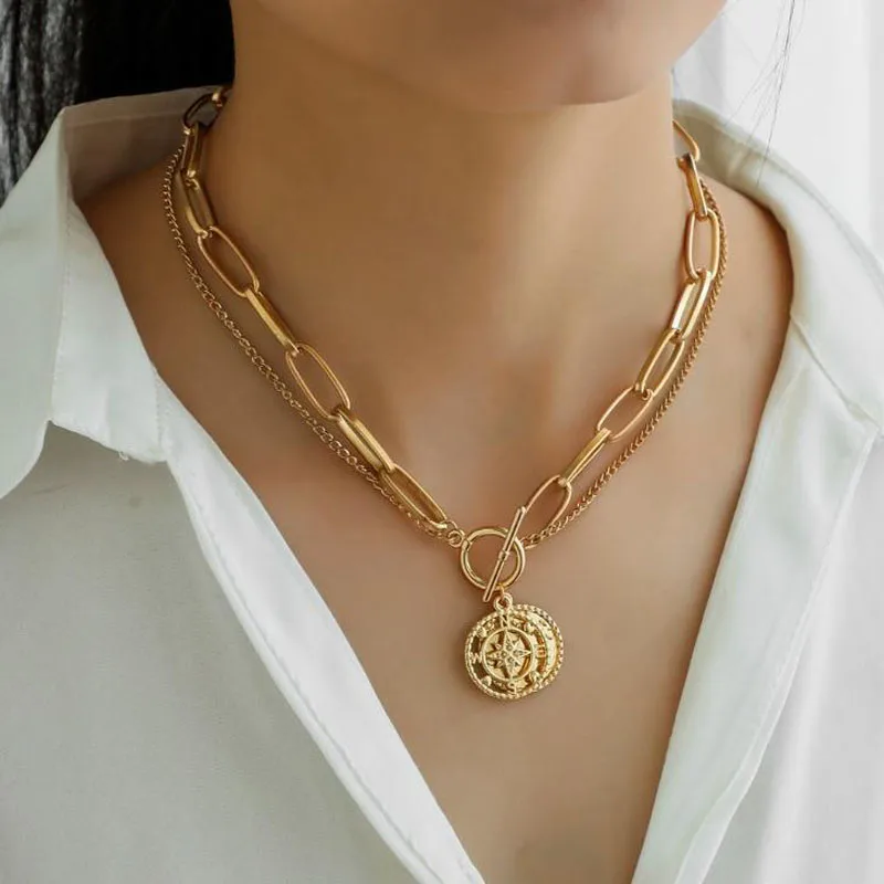 NEW Choker Coin Necklaces Women Vintage Gold Layerd Chunky Thick Chains Compass Bow Knot Pendant Necklace collier femme Jewelry | Украшения