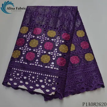 

Alisa purple bazin riche fabric african lace hollow out design high quality embroidered 100% cotton fabrics french laces 5 yards