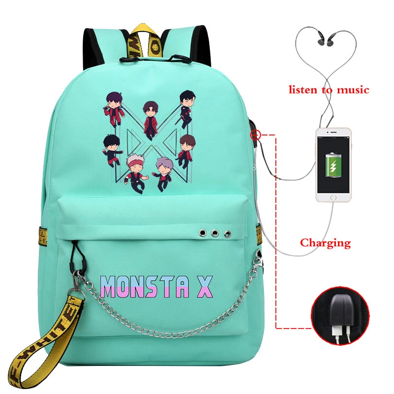 Mochila Bookbag MONSTA X Рюкзак Kpop школьные сумки для девочек подростков женский рюкзак Usb