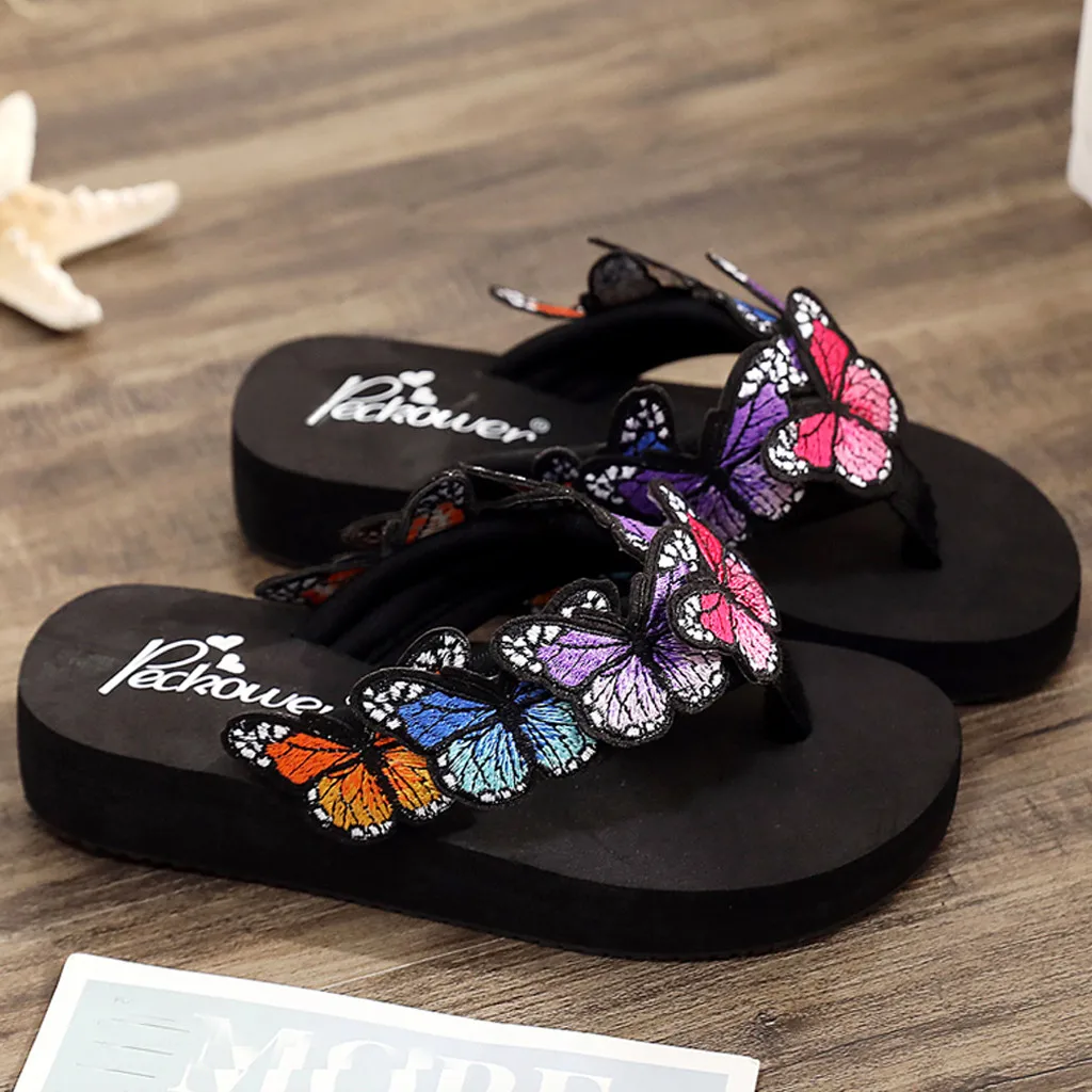 Детские тапочки; обувь для малышей; сандалии в богемном стиле с цветочным принтом и бабочкой; летняя пляжная обувь; тапочки для маленьких девочек; мягкие Тапочки