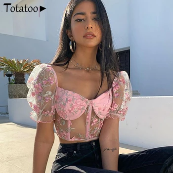 

Pre-Sale Summer Floral Embroidery Sexy Mesh Crop Tops Women 2020 V Neck Puff Sleeve See Through Short T Shirts Pink Beachwear
