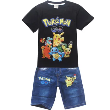 

New Baby boys Short T shirts +jeans pants 2pcs Pikachu sports suits pokemon go girls Cartoon children clothing set kids clothes
