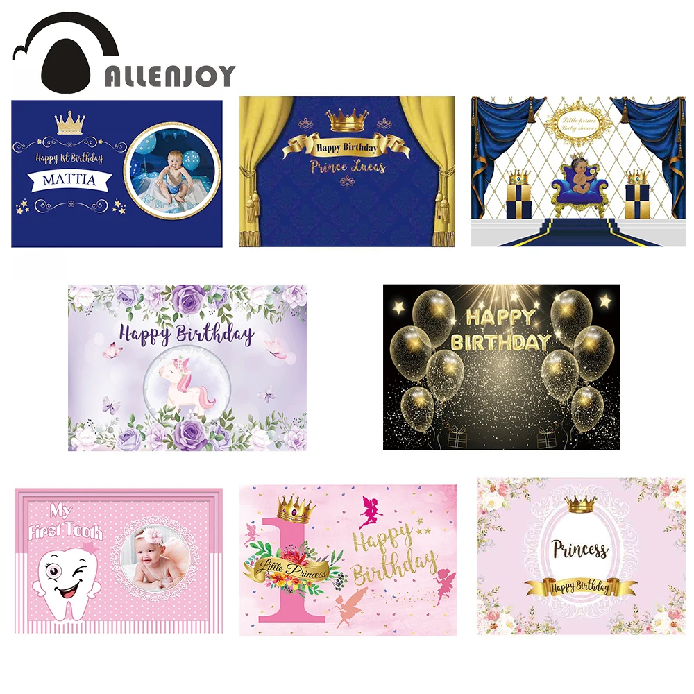 

Allenjoy 1st Birthday Backdrop Unicorn Background Balloons Crystal Ball Golden Party Tooth Banner Flower Dots Kids Gift Fabric