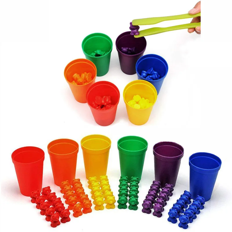 

Color Sorting Toys Montessori Rainbow Matching Game Counting Bears With Tweezers Stacking Cups Card For Toddlers Baby
