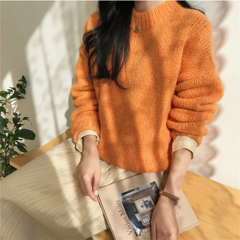 Женский свитер осень зима модный однотонный пуловер с круглым вырезом свитер в Корейском стиле вязаный джемпер с длинным рукавом повседневные топы