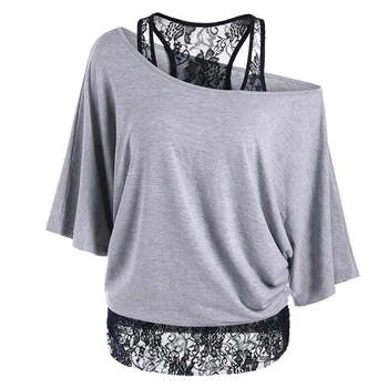 

GAOKE Spring Autumn Women Tshirt Fashion Lace Patchwork Basic T-shirts Casual Loose T Shirts Batwing Sleeve Tops Femme