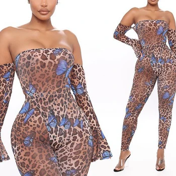 

Women's Two-piece Long Sleeve Jumpsuit Top High Waist Leggings Sexy Leopard Print and Butterfly Print Off Shoulder Jumpsuit