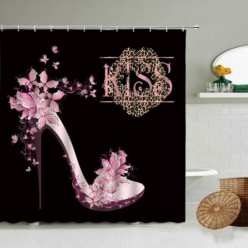 Leopard Print Lips Kiss Pink High Heel Lipstick Shower Curtain Black