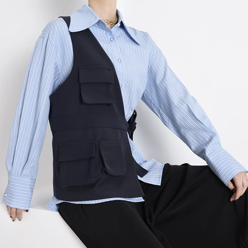[EAM] Women Blue Striped Bandage Irregular Big