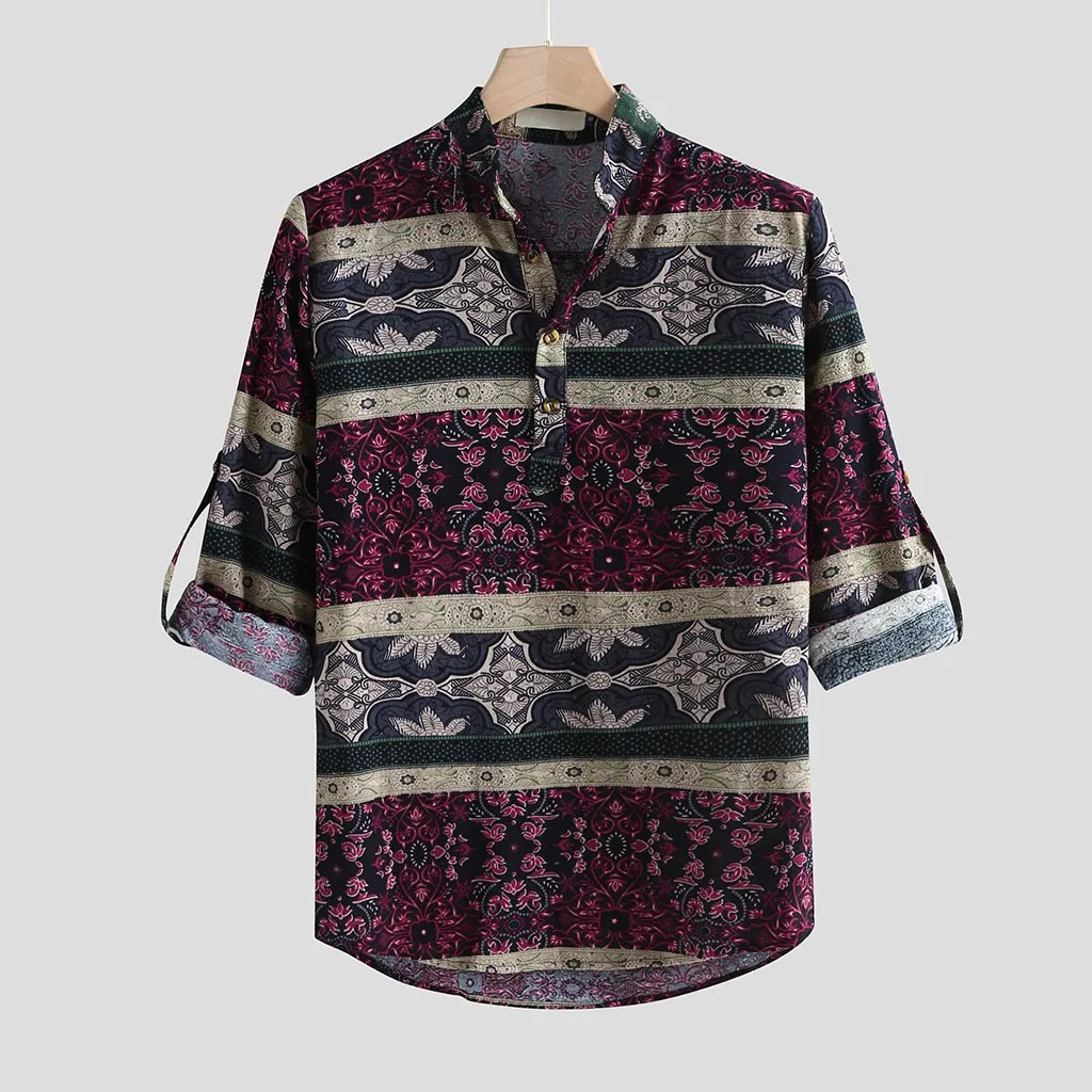 

Casual Mens Shirt Print Long Sleeve Stand Collar Ethnic Style Blouse Beach Bohemian Hawaiian Shirts Men Chemise Camisa Masculina
