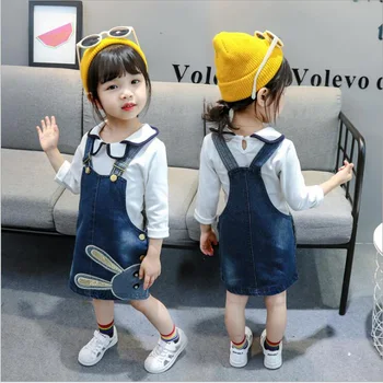 

Toddler Girl Clothes 2020 Autumn Long Sleeve Clothing Set New Cute Rabbit Embroidered Peter Pan Collar Top + Casual Denim Dress