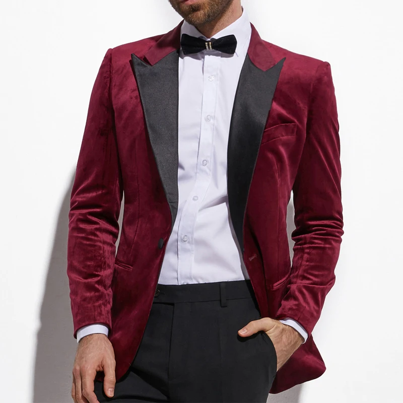 

Burgundy Velvet Men Suits for Wedding Prom Party Two Piece Groomsmen Tuxedos Latest Style Male Blazer with Black Pants