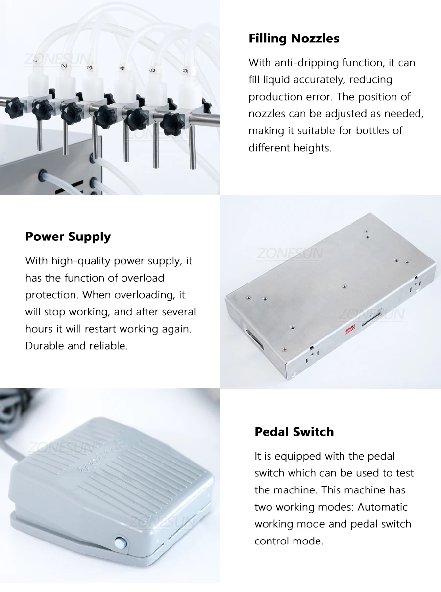 ZONESUN ZS-DPYT6P Полуавтоматическая машина для наполнения бутылок с 6 насадками для сока, молока, воды, масла, оборудование для наполнения