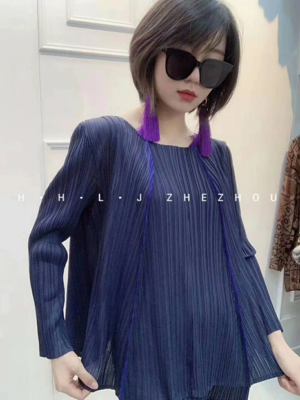 Miyake fashion suit fold o-neck long sleeve T-shirt+ nine points Harem pants two-piece outfit IN STOCK