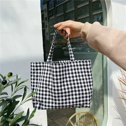 Vintage Plaid Cotton Mini Tote Bag - Stylish Canvas Clutch - 32x8x22cm (Black)