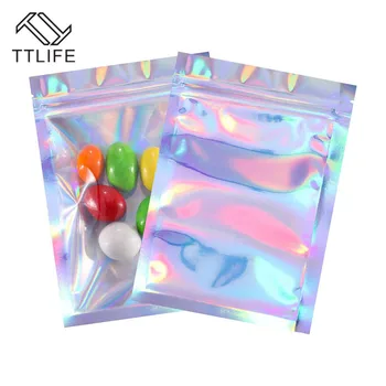 

TTLIFE 100pcs Flat Thick Zip lock Bags Bath Salt Cosmetic Bag One Side Clear Holographic Mini Aluminum Foil Storage Bags S/M/L