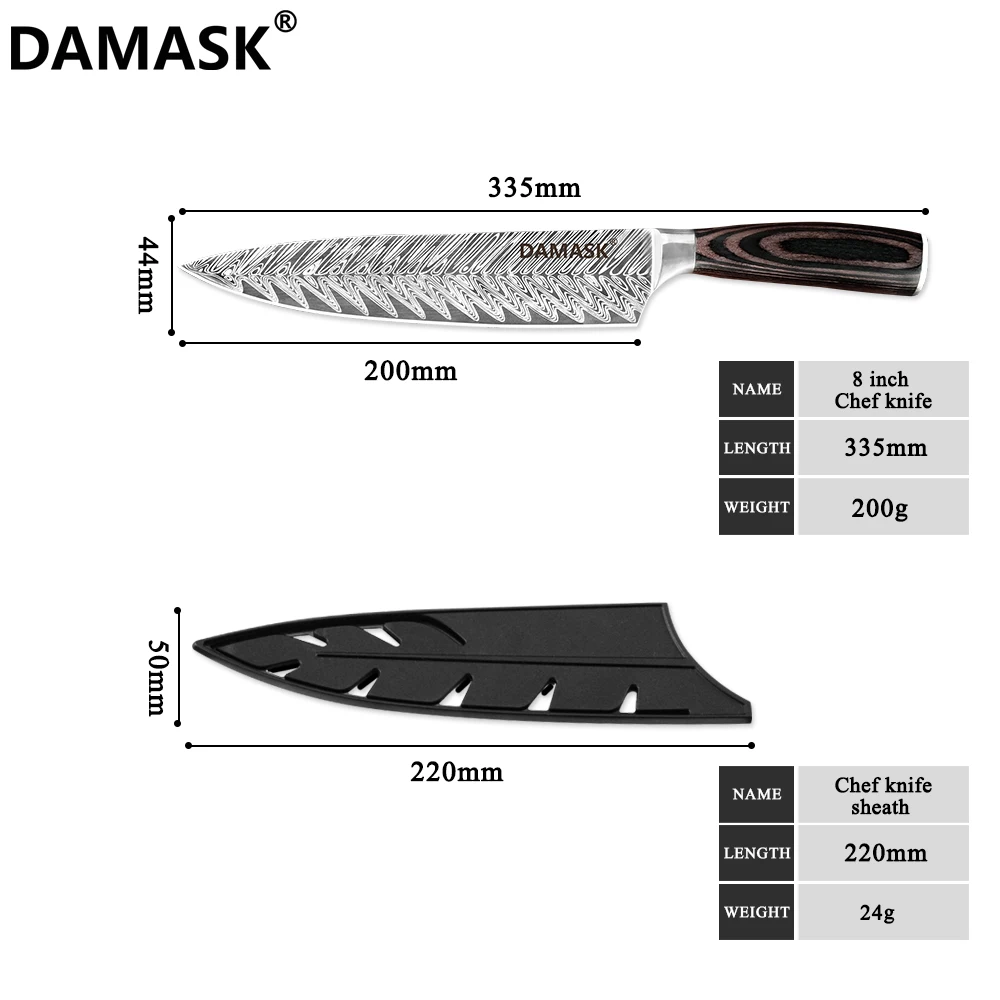 Дамасский кухонный нож для нарезки 7Cr17 Mov кухонный нож из нержавеющей стали высококлассный нож с рисунком рыбьей кости с бесплатными ножны в подарок - Цвет: 8inch Chef Knife
