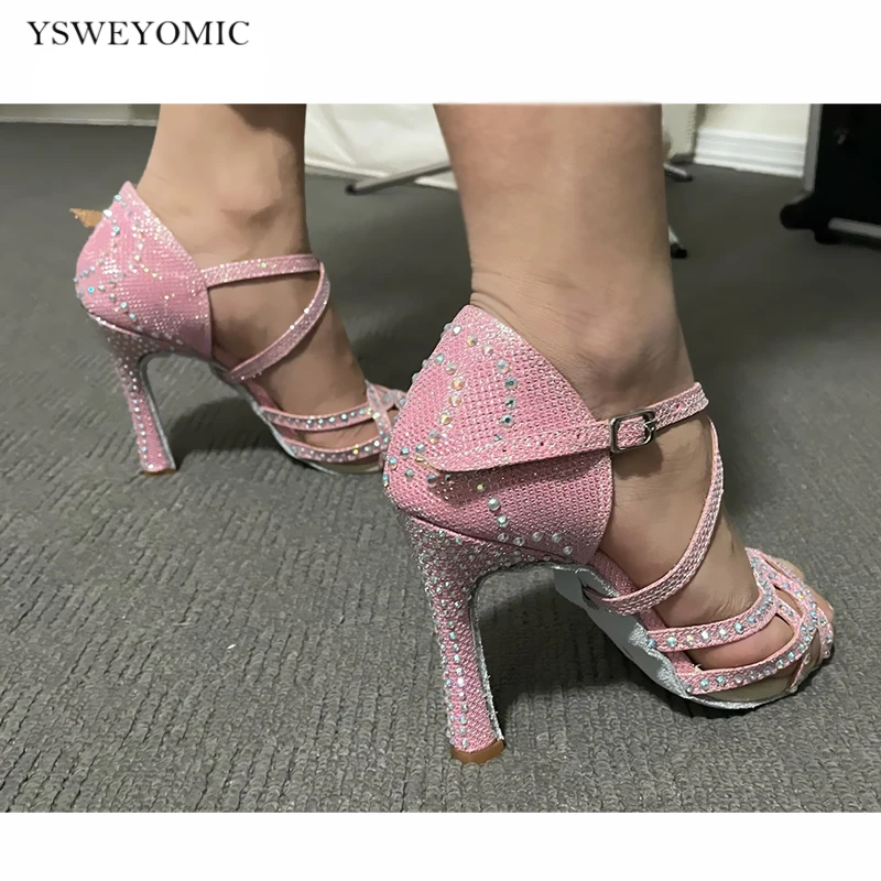 Pink Latin Dance Shoes YSWEYOMIC Toe High Heels 9cm Cuban Dance