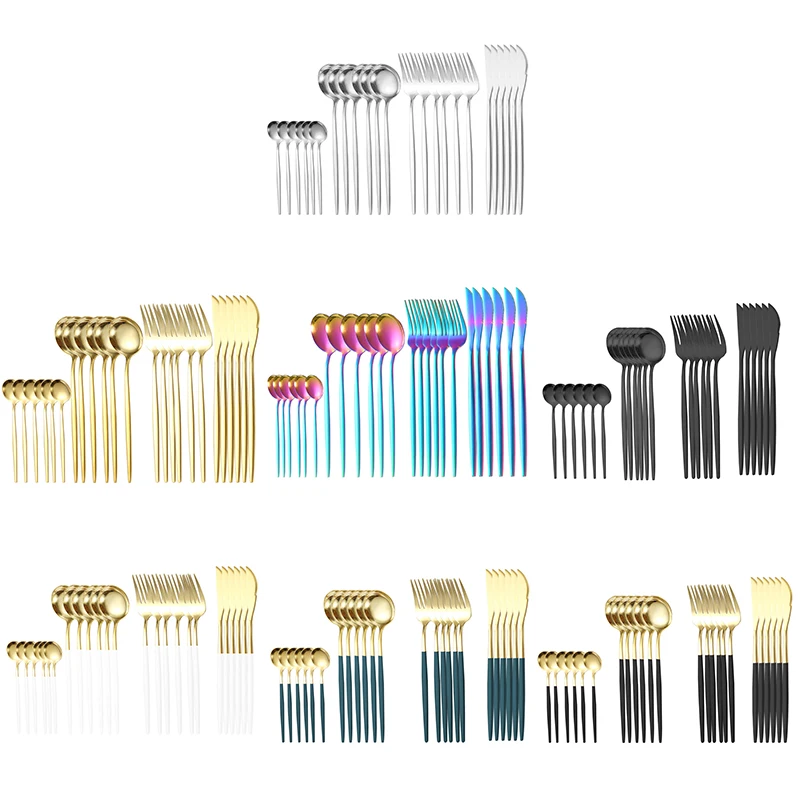 24-Piece Rainbow Color Portuguese Set Western Stainless Steel Steak Cutlery Knife Fork Spoon Dinner Food Home Kitchen Dinnerware | Дом и сад
