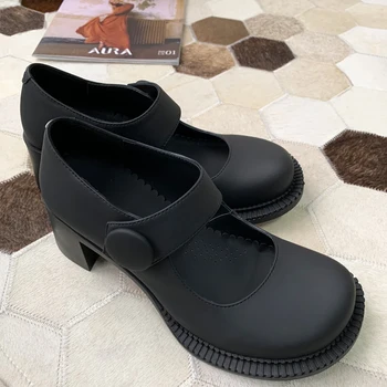 

BONJEAN 2020 Black Color Mary Janes Square Heels Women Pumps Shallow Chaussures Femmes Hot Chic Retro Zapatos Mujer