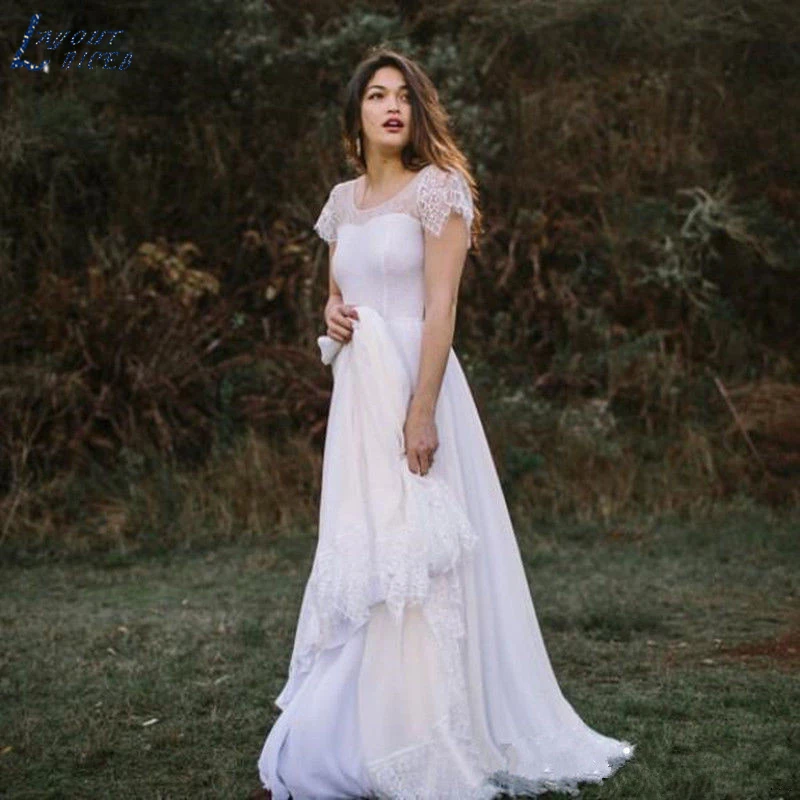 Us 89 18 51 Off Zl1019 Boho New Vintage Cap Sleeves Lace Chiffon Beach Wedding Dresses Bridal Gown Celebrity Vestido De Noiva Robe De Mariee In