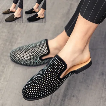 

Summer Fashion Mens Mules Half Shoes for Men Casual Slip-on Drag Shoes Leather Diamond Backless Loafers Flats Man Slid Slippers