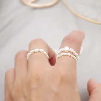 

2020 New Design Simple Vintage Natural Freshwater Pearls Elastic Round Ring for Women Student Girl Party Jewelry