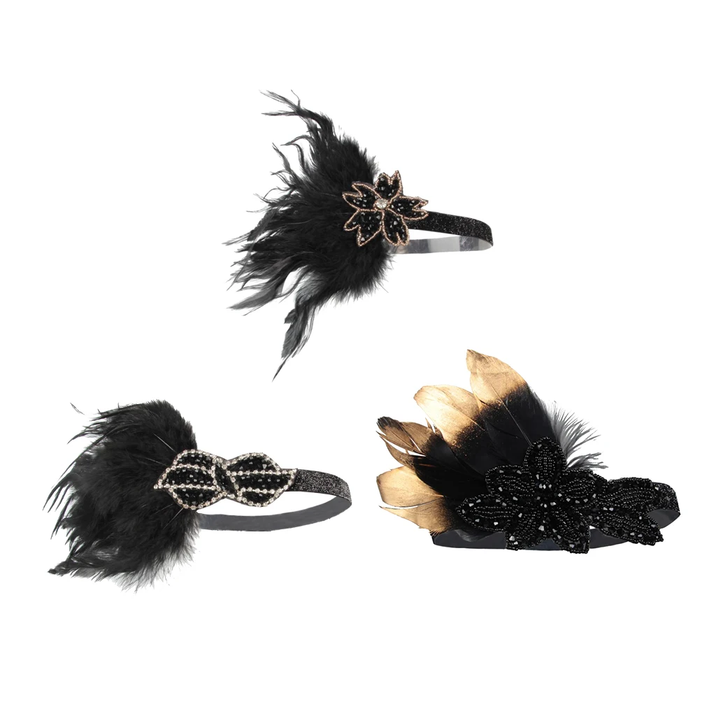 Women's Vintage Feather Headband, Black Rhinestone 20s Flapper Headband - Roaring 1920s Headpiece - Elastic Band
