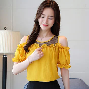 

Casual Chiffon Blouse Crop Tops Sexy Mesh Patchwork Shirt Women Casual Slash Neck Tops Female Blusas Rk