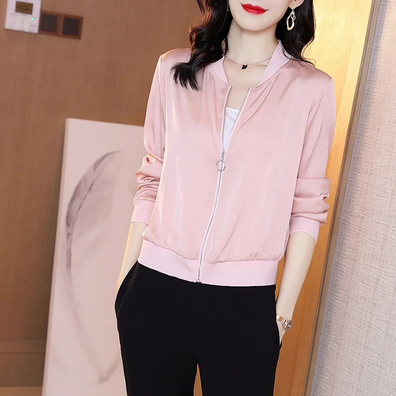 

2020 Spring Jacket Women Fashion Solid Satin Pink Lightweight Coat Manteau Femme Basic Jackets Bomber Slim Outerwear Windbreaker