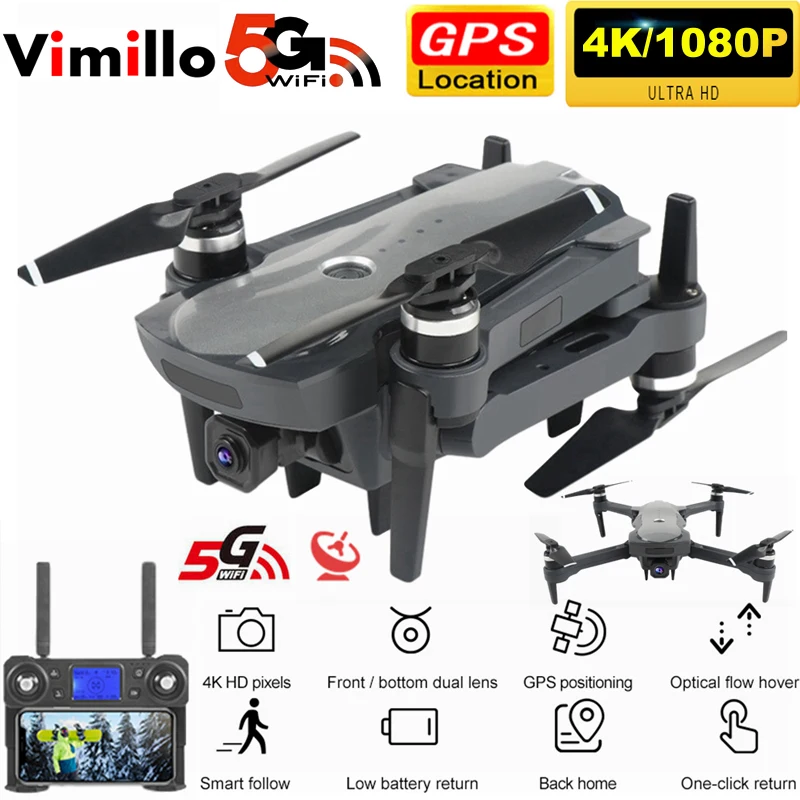 

Vimillo GPS Drone 4K Camera HD FPV Drones with Wide-angle Foldable Follow Me Brushless RC Quadcopter Professional Dron
